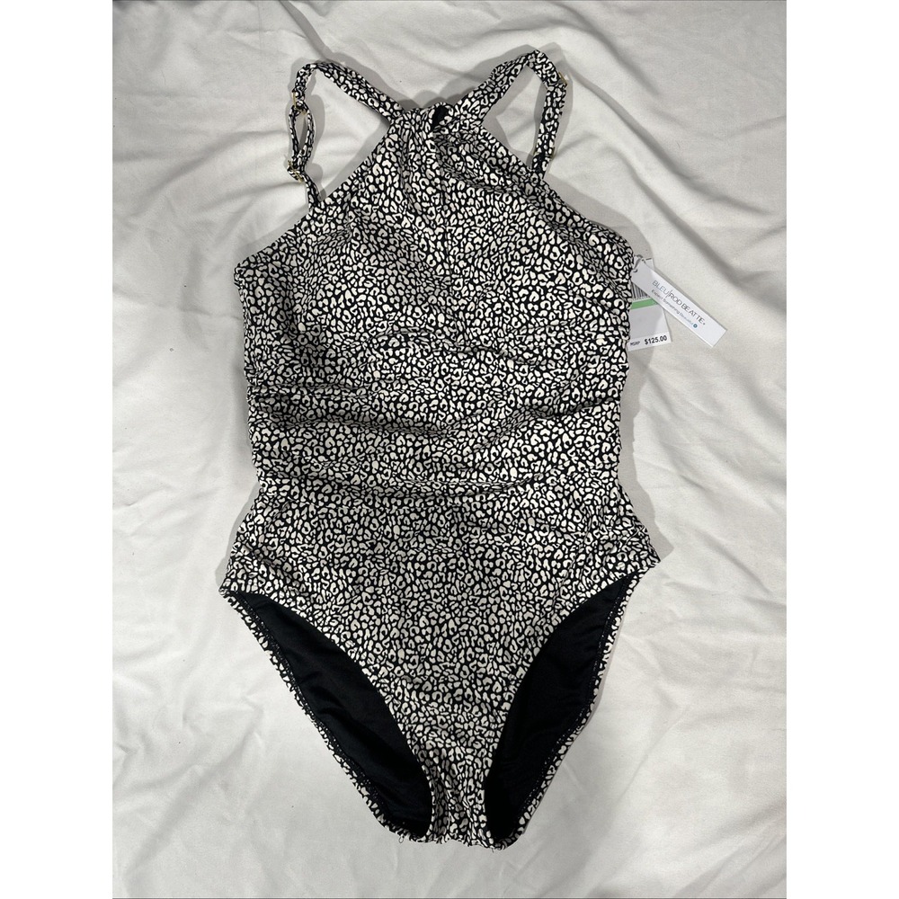 NWT$125 Bleu Rod Beattie [ 8 ] High Neck Keyhole Shirred One Piece Swimsuit 6978